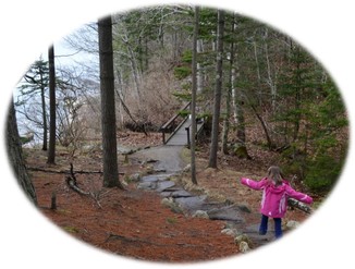 child walking down stone steps near coast at Wolfe's Neck Woods State Park