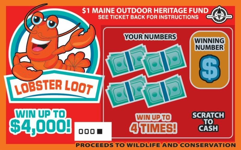 image of lobster loot scratch ticket that supports wildlife and conservation projects in Maine.