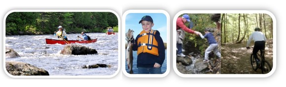 activity montage of paddling, biking, fishing and hiking.