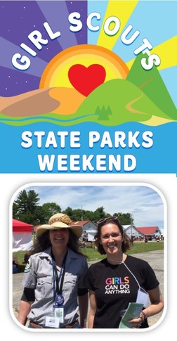 Girl Scouts State Parks Weekend logo and picture of Park staff with Girls Scout staff.