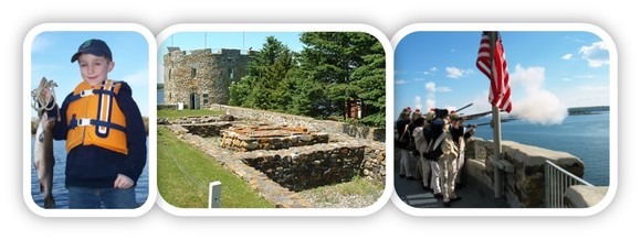 Photo montage of boy with fish and photos of Colonial Pemaquid