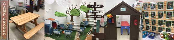 Kindergarten classroom turned into campground with a picnic table, dome tent, camp chairs, paper trees, green grass carpet, direction sign, cabin