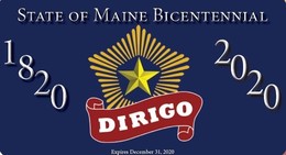 Maine's bicentennial license plate - a field of blue with 1820-1920 a gold star and dirigo
