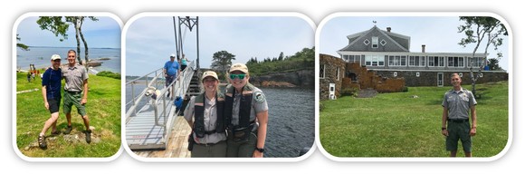 Photos showing the gangway onto Eagle Island State Historic Site, the historic house, and staff.
