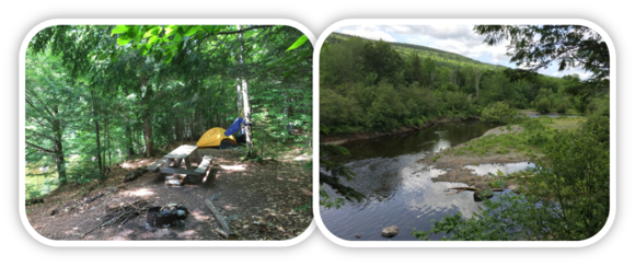 Pleasant River campsite at Gulf Hagas and view of the Pleasant River.