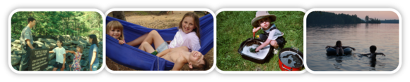 Children at Maine State Parks enjoying a ranger talk, hammock at camp, washing camp dishes, and wading.