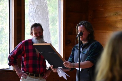Morten receiving the KLT Harry Dwyer Forest Stewardship Award from Kirsten Brewer, KLT Director of Membership and Programming