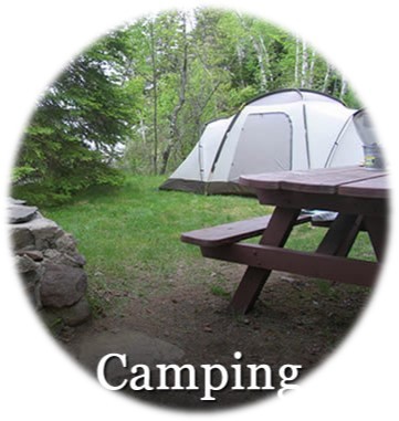 Campsite with dome tent and picnic table