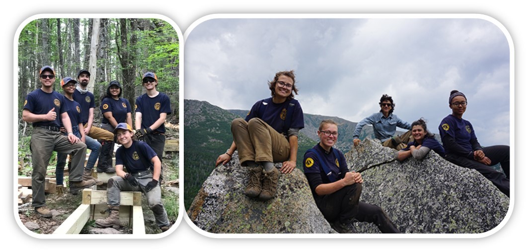 Maine Conservation Corps teams on trail and mountain top.