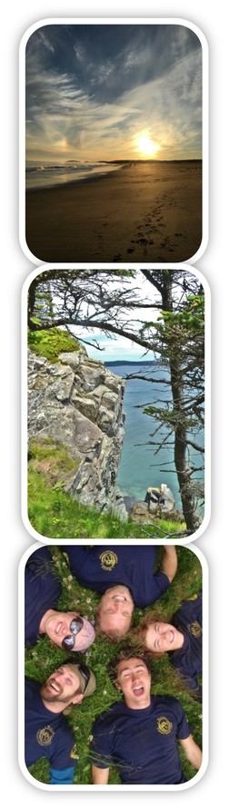 Reid Beach at sunset, coastal view at Quoddy Head, and an MCC team.