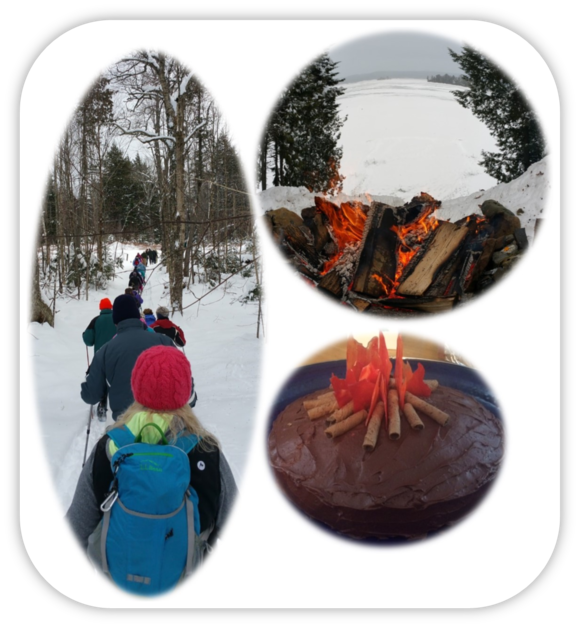 Multiple images past First Day Hike at Lily Bay State Park: hikers, view of bonfire and lake, and cake decorated as a bonfire.