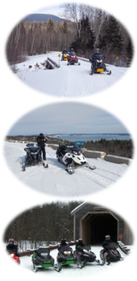 Three shots: snowmobilers crossing bridge at B Pond Trail, at Acadia with Winter Harbor view, and at covered bridge - Cow's Bridge.