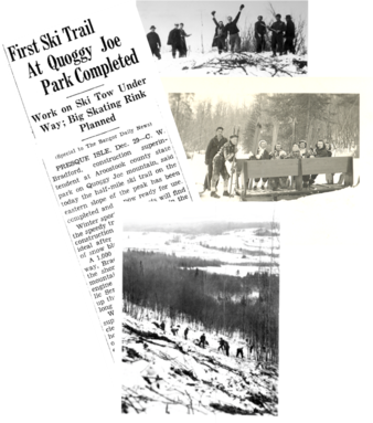 Collage of circa 1938 news article and photographs of the men making the new ski trail at Aroostook State Park.