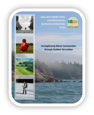 SCORP 2020-2024 graphic showing bold coast of Maine with inset photos of various seasons and visitors.