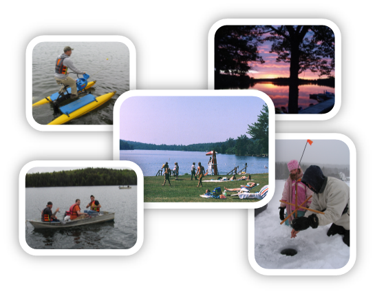 Photo montage of sunset, beach goers, boaters and ice fishing at Lake St. George State Park, ME.