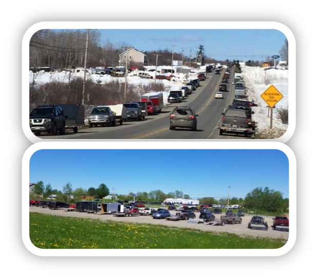 Winter and summer photos showing demand for parking at the Four Season Adventure Multi-use Rail Trail, Newport, Maine.