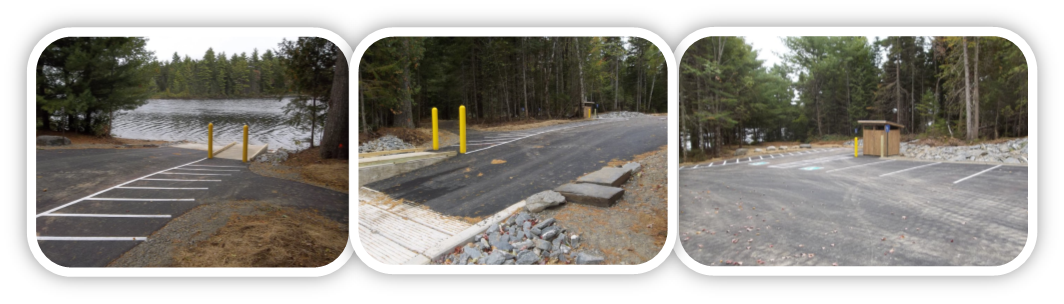 Boat launch at Seboeis Public Lands with upgraded parking, restroom, and trailerable launch.