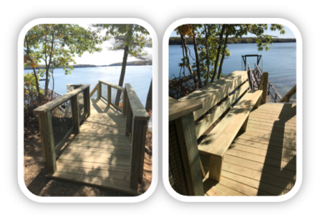 Pier and float improvement at Dodge Point Public Land includes a bench.