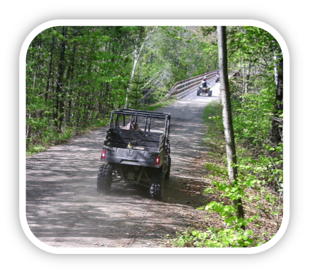 ATVs on trail; side-by-side and standard.