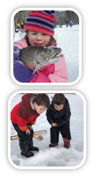 Ice Fishing kids; one holding fish; two looking down through fishing hole.
