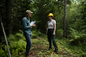 Maren Granstrom, left, and Laura Kenefic, talk before the on-camera interview.  Photo by Scott A. Sell