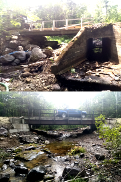 Before and after bridge work over the Roaring Brook on the KI.