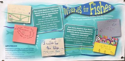 Wishes for Fishes banner with artwork by children of the Cobbossee watershed, Maine.