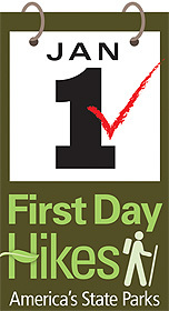 Logo for the nationwide First Day Hikes: January 1 with checkmark and hiker symbol.