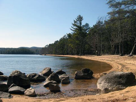 Sandy beach at Sebago Lake State Park with pine-forested edge and mountains in background.