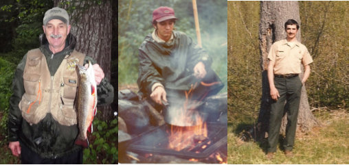 Matt LaRoche over the years: with a fish, cooking over a campfire, as a young ranger.