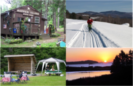 Photos of ranger cabin on Warren Is., xc-skiing at Mt. Blue, Adirondack shelter at Aroostook, and sunset at Roque Bluffs State Parks.