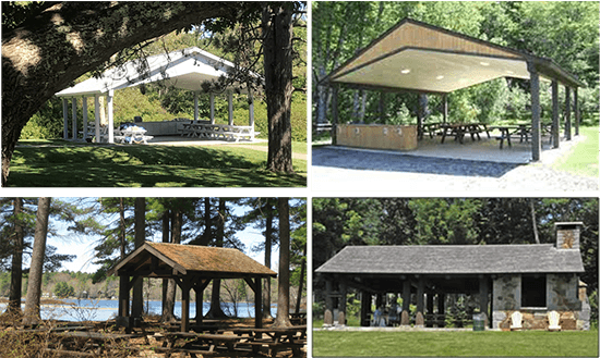 Covered picnic shelters at Lake St. George, Damariscotta Lake, Sebago Lake, and Camden Hills State Parks.