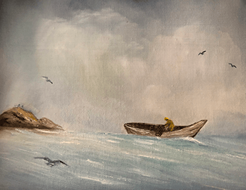 Painting of a lobsterman at sea in foggy conditions.