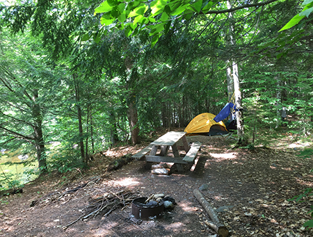 Campsite along the Pleasant River showing a yellow dome tent, a picnic table, and a metal fire ring.