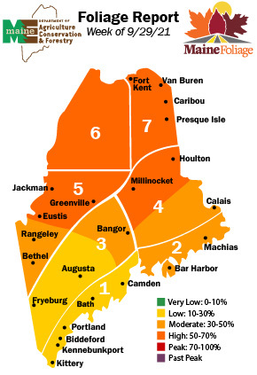 9/28/21 - Foliage Report  shows  High foliage change in Northern Maine, moderate color change in Western, Eastern Maine and parts of the coast.
