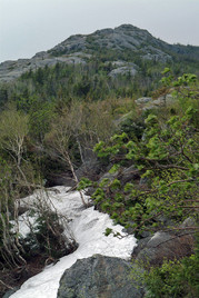 Remnant patches of snow on Tumbledown Mountain in late May.