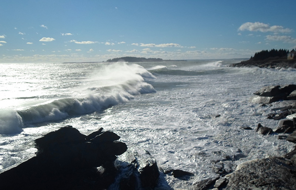 Ocean view from rocky shore of Two Lights State Park, Maine.