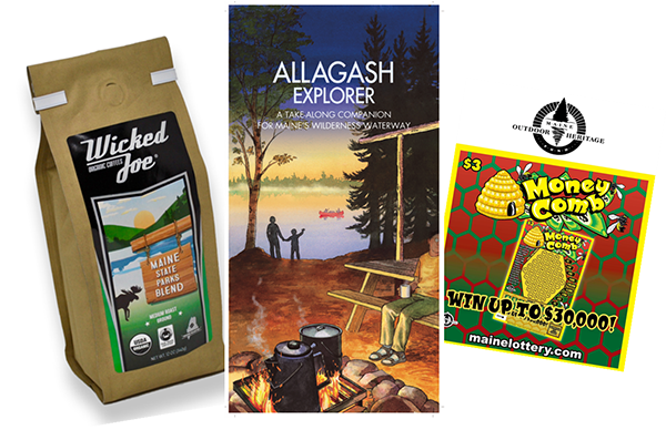 Bag of Wicked Joe Maine State Parks Blend coffee, an Allagash Explorer booklet, a MOHF lottery ticket.