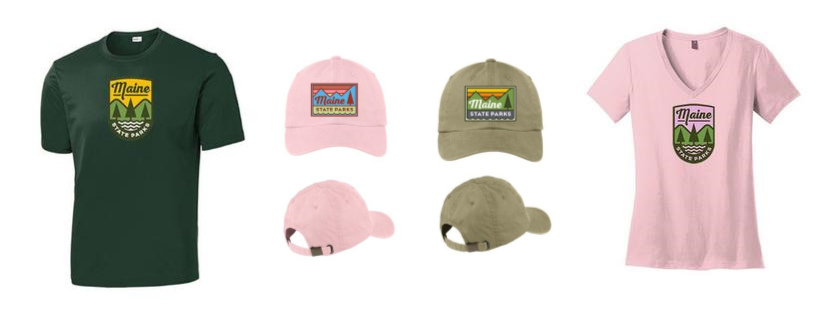 Maine State Park branded hats and t-shirts.