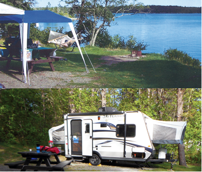 Campsites: one tent site on the water and an RV site in the woods.
