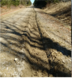 Deep ruts on a dirt road during Mud Season in Maine.