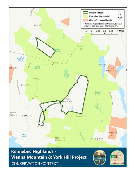 Map showing project parcels, Vienna Mt and York Hill, the new additions to Kennebec Highlands Public Land.