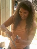 Jordan Parks, AWW Artist 2022, demonstrating print making during an open studio in the Allagash.