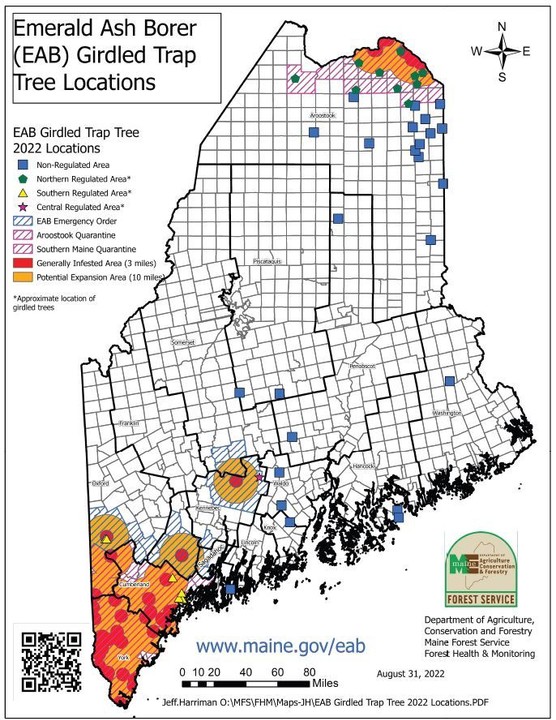 Map of Maine showing locations of girdled trees