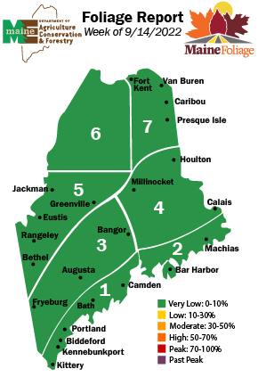 Maine Foliage Map for September 14, 2022. Map is all green with low foliage change.