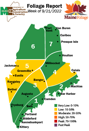 Maine Foliage Week 2 Zone Map. Low color changes are being seen in western and central Maine.