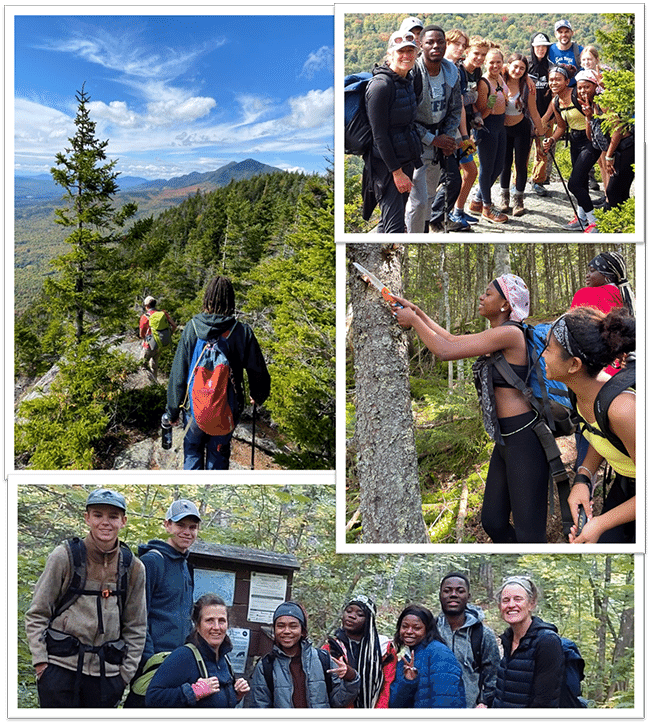 Photo montage of teens on trail and doing trail work at Little Bigelow Mt. Photos courtesy of the Maine Appalachian Trail Club.