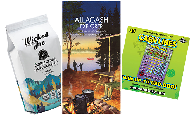 Maine State Park coffee blend, the Allagash Explorer booklet, and a MOHF lottery ticket.