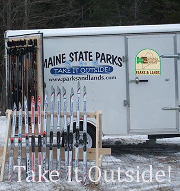 Maine State Parks ski & snowshoe trailer on site loaning gear to park visitors.