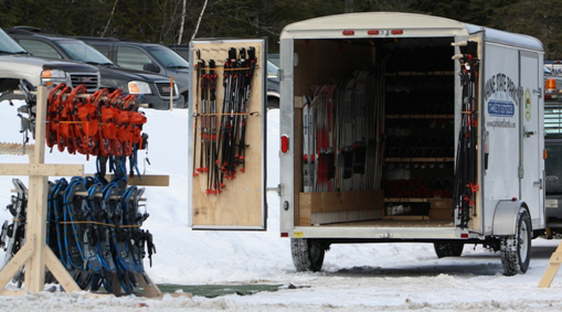 Ski and Snowshoe Trailer with doors open ready for visitors to gear up.